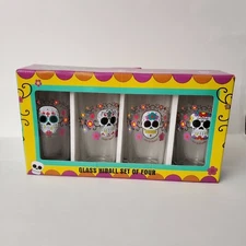 SUGAR SKULLS HI BALL GLASS 4 PC SET RARE NIB HTF