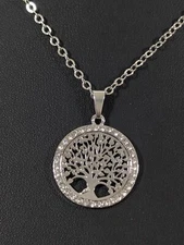Boho Silver Tone Crystal Family Tree of Life Round Pendant Necklace 18 in