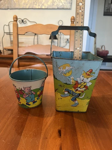 Vintage Three Little Pigs & Humpty Dumpty J. Chein Tin Buckets