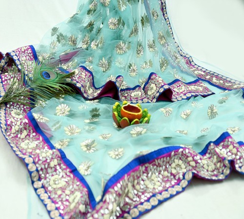 Pre-Owned Sari Blue Net/Mesh Hand Embroidered Designer Manish Malhotra Sarees - Picture 11 of 24