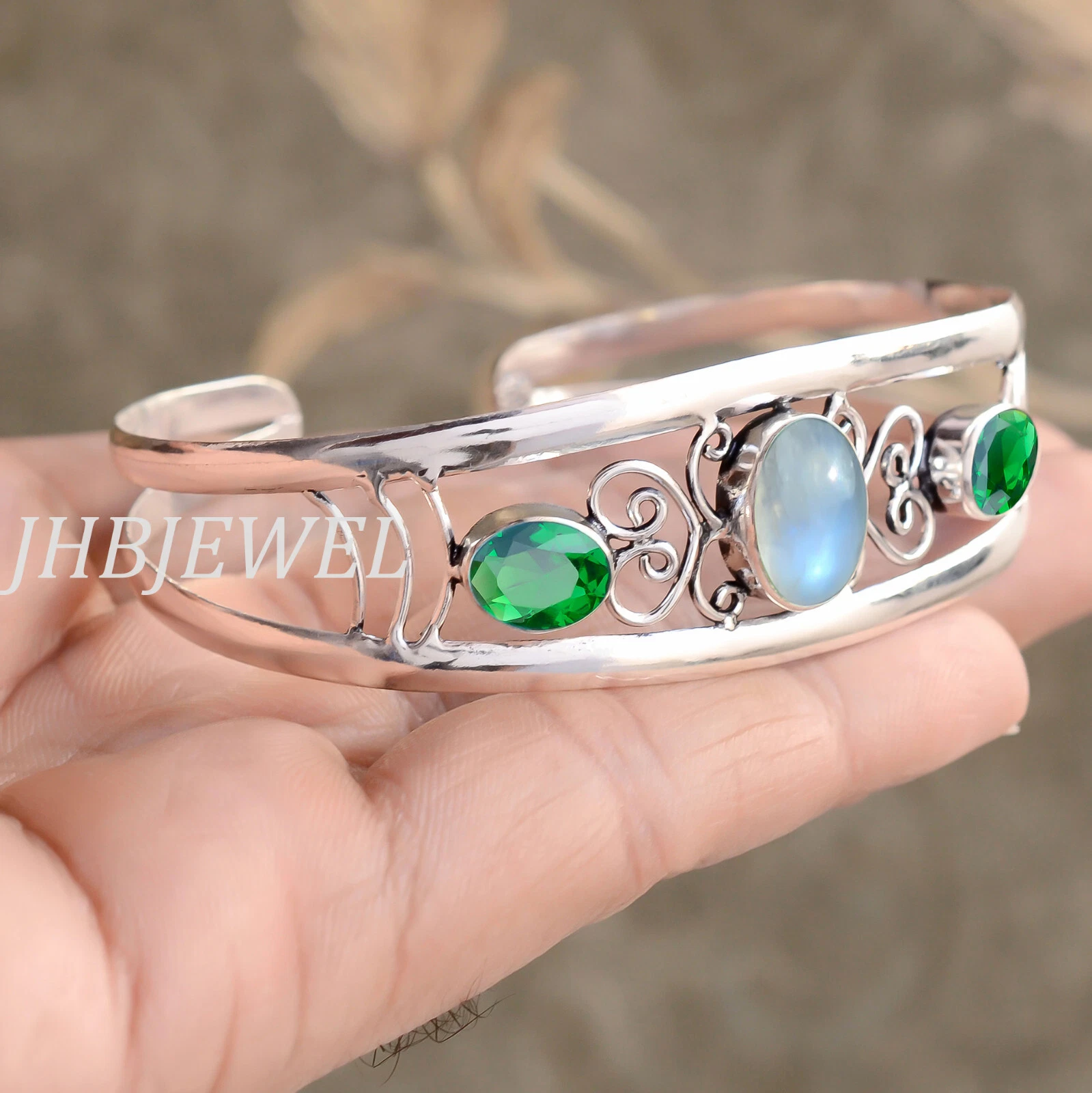 VALENTINO Bracciale delicato in argento sterling 925 pietra di luna e pietra preziosa diopside cromata