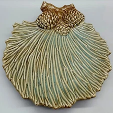 Pine Cones and Needles Ceramic Serving Dish, Tidbit Tray 8.5"x 9.5" REPAIRED