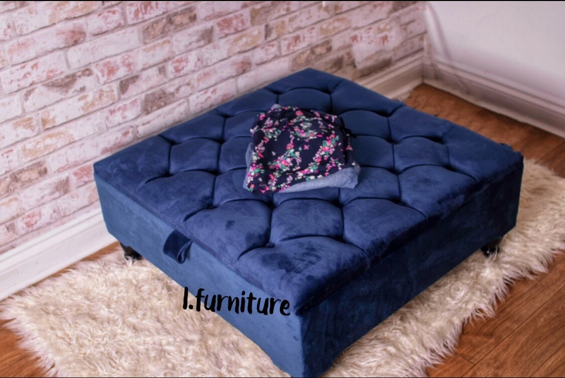 Square Storage Ottoman footstool and Coffee Table Upholstered HANDMADE Blue