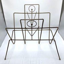 Atomic Era Brass Metal Magazine Rack Record Album Holder Figures Mid Century Mod