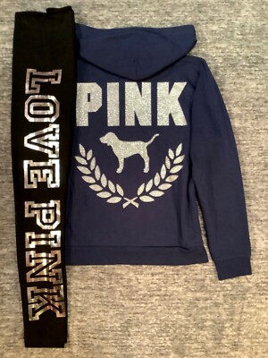Victoria's Secret Pink Bling FZ Hoodie + Leggings Set Blue Black