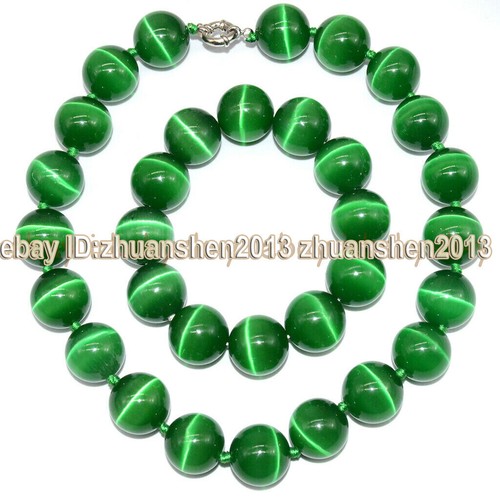 12mm Round Mexican Opal Cat's Eye Gem Smooth Beads Necklace 18"+Bracelet Set AAA - Picture 5 of 13