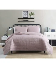 VCNY Home Clifton 3-Pc Solid Striped Quilted Crinkled Quilt Set FULL QUEEN Blush