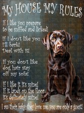Chocolate Labrador Dog My House My Rules funny Metal Retro style tin plaque gift