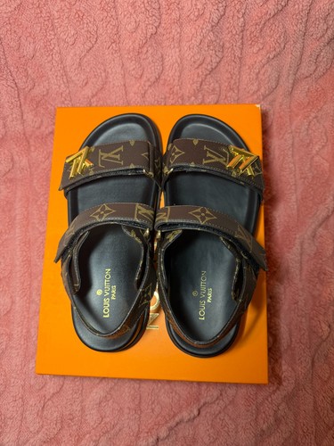 Louis Vuitton Monogram Leather Slide Sandals Buckle Straps Brown/Black 9