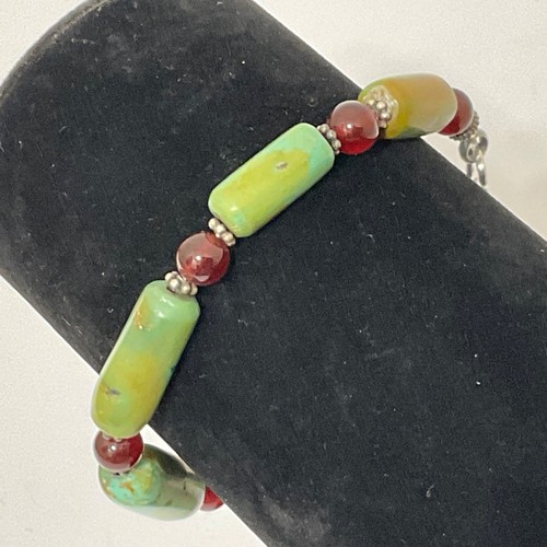 Vtg Genuine Turquoise Carnelian Sterling Silver Beaded Bracelet 8" Artisan Made - Picture 13 of 17