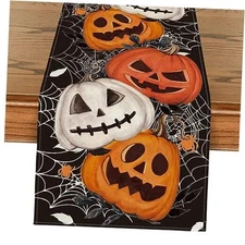  Pumpkins Spider Web Halloween Table Runner, 13" x 72", Table Runner Black