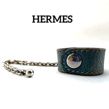 Hermes Glove Holder Ring Bag Charm Key Ring Leather Silver Chain Hardware Unisex