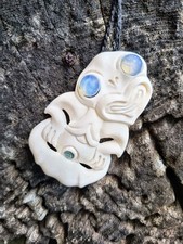 Rare Maori Hei Tiki Pendant Bone Moonstone Eyes Paua Hand-Carved