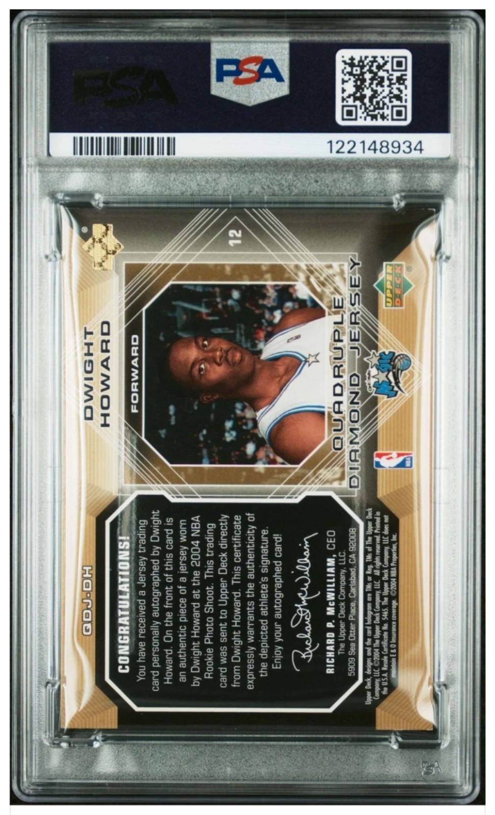 2004-05 Upper Deck Black Diamond Dwight Howard Quad Jersey RC AUTO /10 PSA 7 view 2