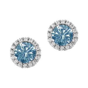 Authentic 2.30Ct Round Blue Moissanite Push Back Halo Stud Earrings 14K White Gold Plated