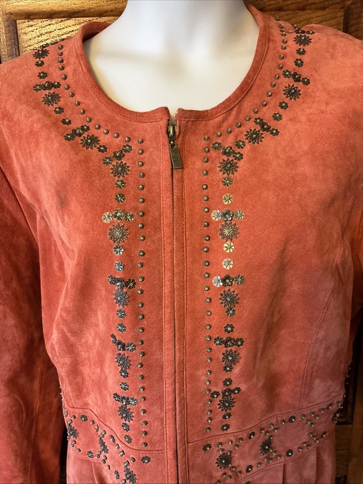 CHAQUETA VINTAGE Pamela McCoy tachonada cremallera cuero gamuza genuino para mujer talla 2X Foto 4 de 4