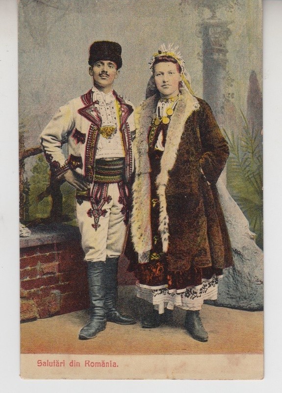 ROMANIA 1920s Salutari din Romania. A couple in national costumes Vintage # 4315
