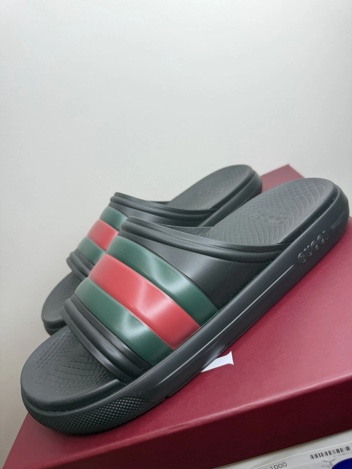Gucci Mens Black Web Striped GG Rubber Sliders Size 12UK/13US