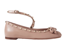 Valentino Rockstud Nude Leather Stud Ankle Strap Bow Ballerina Ballet Flats 37