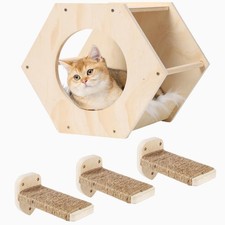 KATRIS Cat Shelves 3 Steps Scratcher Post Hammock Wall Mounted Climbing Wood
