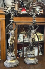 Large Pair Of Old Signed Bronze Figural Candleabra