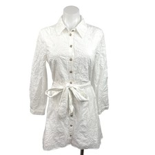 Zara White Collar Floral Eyelet Lace Long Sleeve Belt Mini Shirt Dress Size M