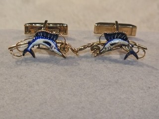 ESTATE 14KT YELLOW GOLD & ENAMEL MARLIN FISH & FISHING ROD CUFFINKS 7.83 GRAMS