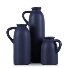 Blue Ceramic Vase with Handles Set - 3 Matte Blue Jug Vases, Farmhouse Countr...