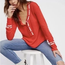 Free People Red Thermal Rainbow Embroidered Thermal Henley Long Sleeve XS