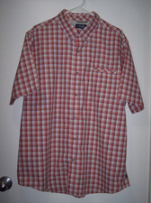 Chaps Men's Short Sleeve Button Down Shirt Orange Navy Plaid Size XL Pocket
