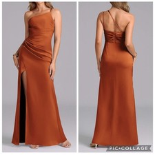 NEW Azazie Eren Long Gown Dress One Shoulder Stretch Paprika Satin High Slit 4