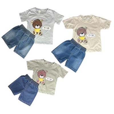Baby Kleidung Set 2-teilig  Bären T-Shirt & Jeans Shorts Junge Gr. 80 92 98 104
