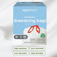 Amazon Basics 13 Gallon Tall Kitchen Drawstring Trash Bags Fresh Scent 80 Count