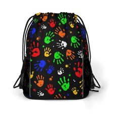 Hand Print Drawstring Backpack Gym Bag With Shoe Compartment String Bag Sport...