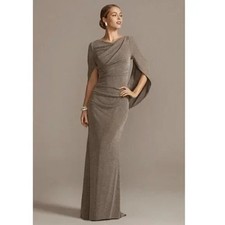 Betsy Adam Metallic Cowl Neck Drape Back Gown NWT sz 12 Taupe/Silver
