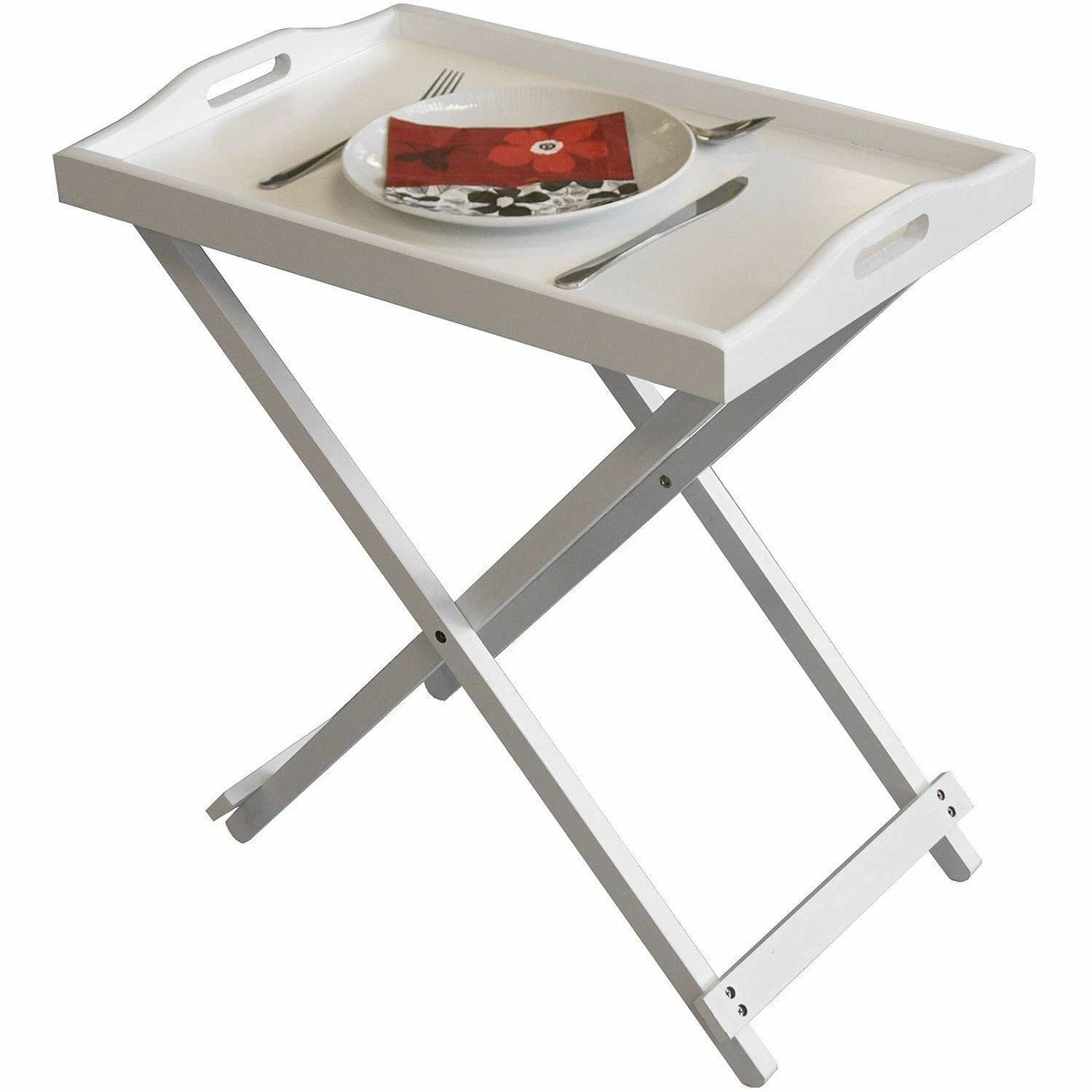 Folding Butlers Side Table Portable Wooden White Food Serving Tray Drink Dinner