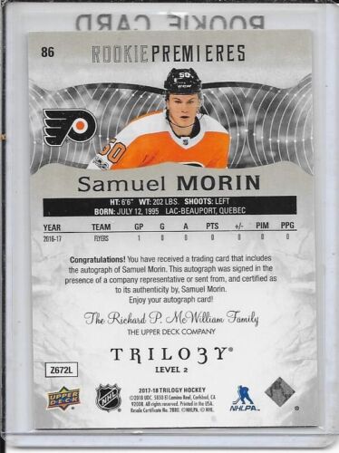 2017-18 Trilogy Samuel Morin novato estrenos automático # 86 #d/349 - Imagen 2 de 2
