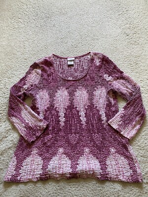 Jaclyn Smith Women Geometric Long Sleeve Round Neck Pleated Blouse Size L