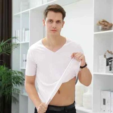 Summer Men's Ice Silk Vest Short Sleeves T Shirts V-Neck Tank Top Male
