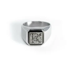 Stainless Steel Floral Monogram Letter R Mens Square Biker Flat Top Signet Ring