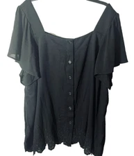 NWT Torrid 4 Black Square Neck Lace & Button Detail Flowing Ruffle Sleeve Blouse