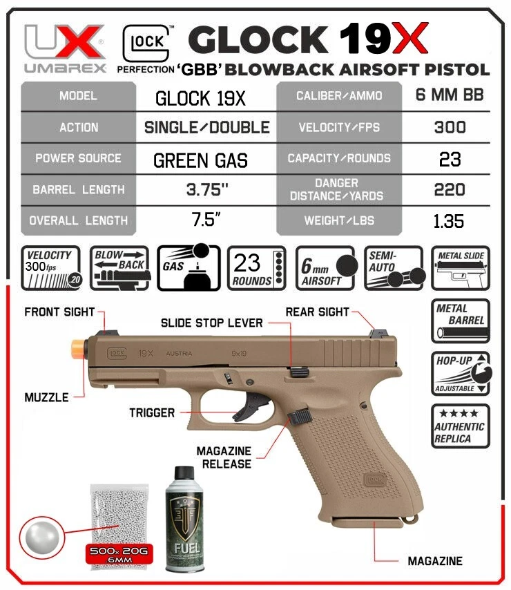 Pistola de Airsoft Umarex Glock 19X, retroceso de gas, paquete de gas verde y BB (2276328) Foto 2 de 4