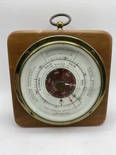 Vtg Wood Case AIRGUIDE Barometer w Altitude 5” X 5” Some Cracks and Dents-Works!