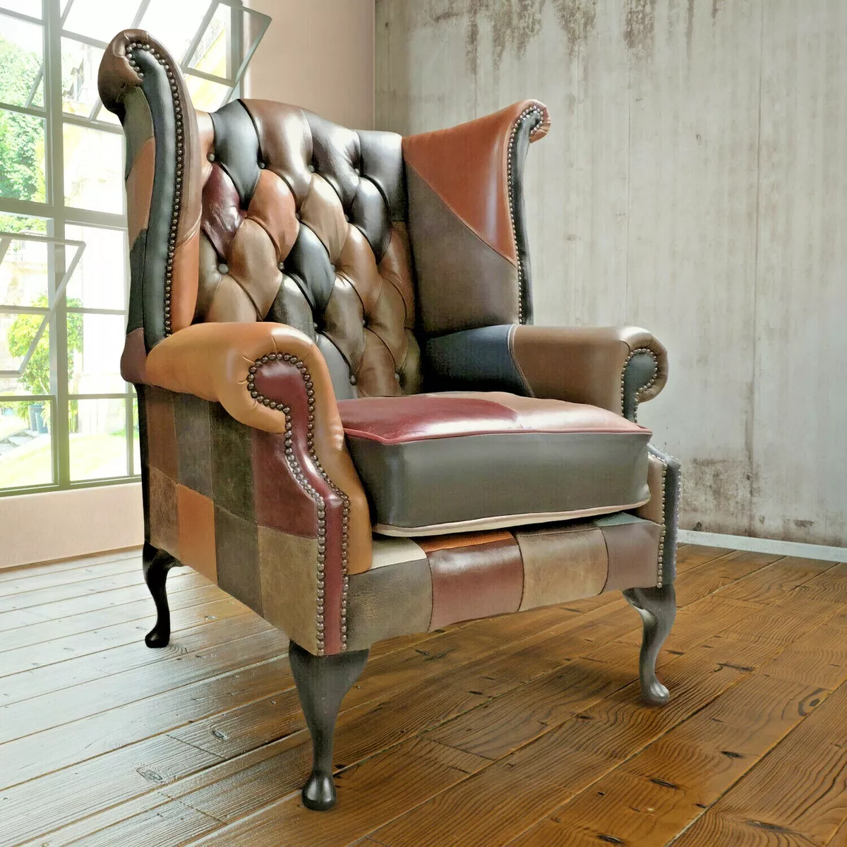 Buffalo Chesterfield Patchwork LEATHER Queen Anne Wing Back Chair Harlequin