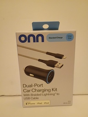 Onn Standard Dual- Port Car Charging Kit With Braided  Cord to USB Cable