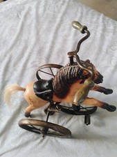 Vintage Wood Iron Horse with peddles Tricycle wheels handles leather saddle