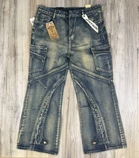 Watson Denim Moto Cargo Jeans Mens Size 36 Biker Distressed Blue Stretch NEW