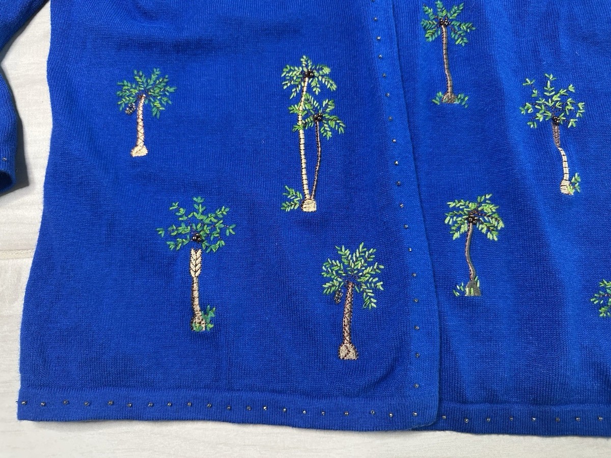 Florida Vibes Blue Palm Embroidered Beaded Cardigan Women’s Ramie Blend Size L View 5