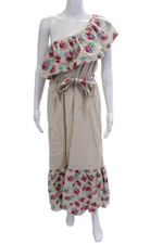 Pampelone Women Maxi Sundress Beige Floral Cotton Linen Tie Waist Size S