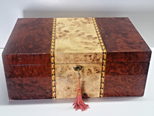 Nice Large Vintage Wooden Cigar Humidor Hygrometer Inlay Box with Key 14.50"